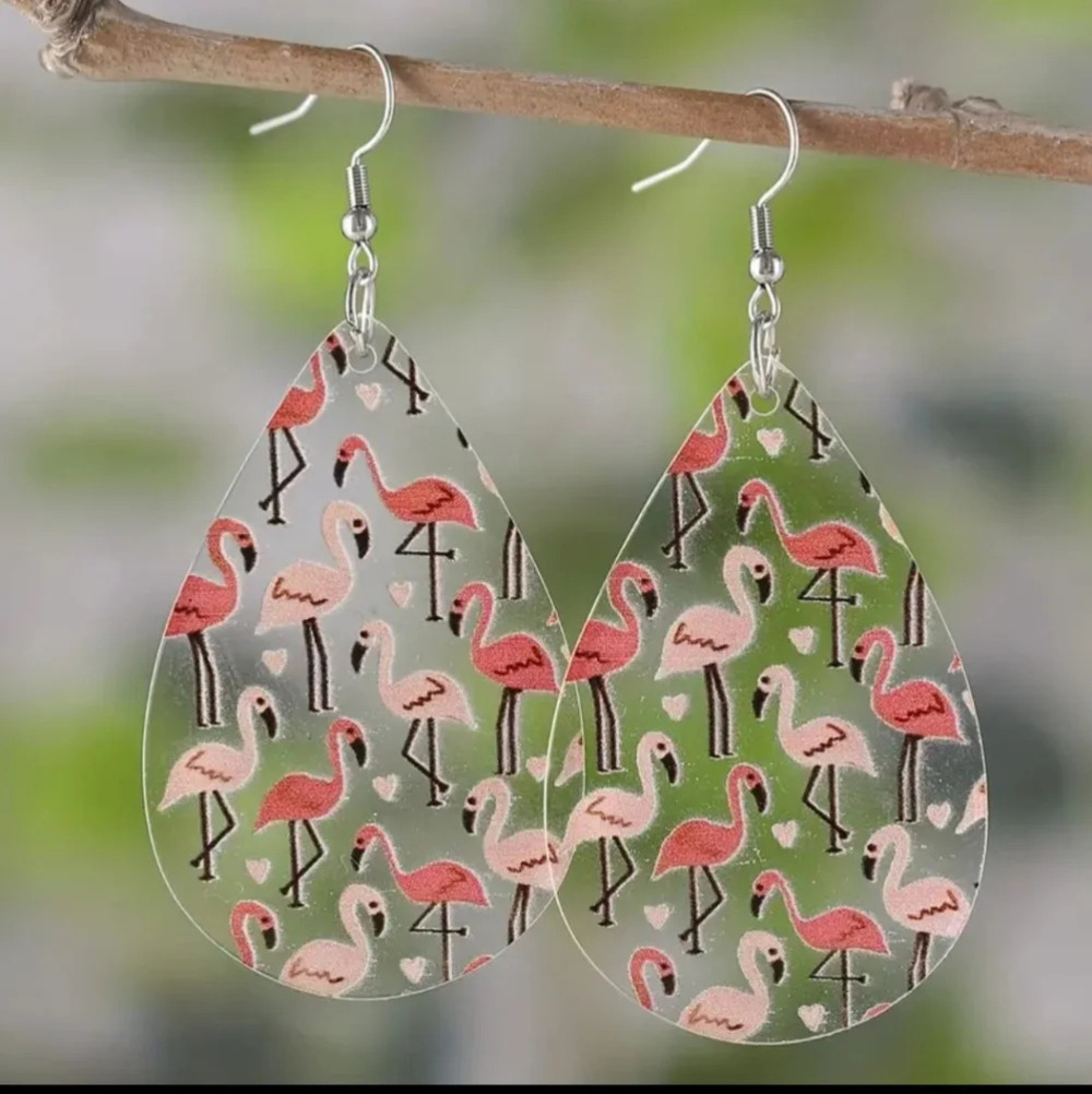 Teardrop Flamingo Pattern Tear Drop Dangle 2" Earrings